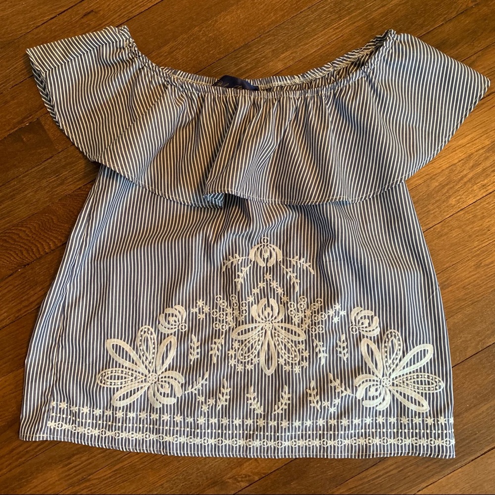 Seersucker ruffle off the shoulder top